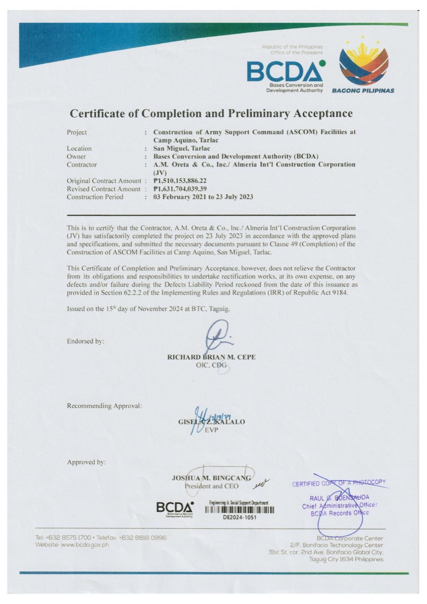 BCDA Certificate of Completion — ASCOM Facilities