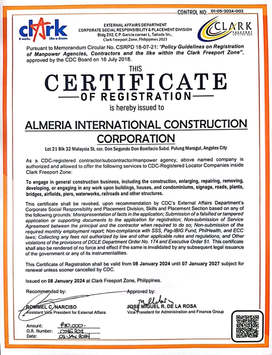 Clark Freeport Zone Certificate of Registration