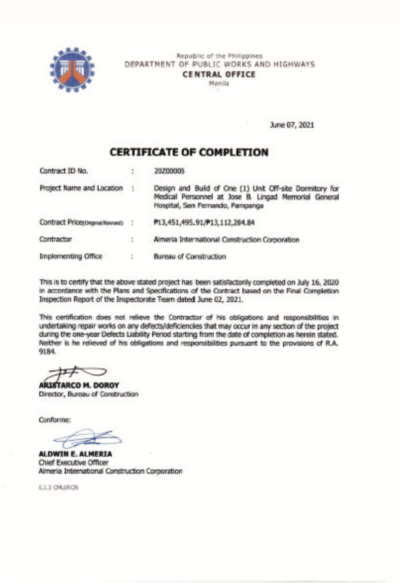 DPWH Certificate of Completion — LCP Dormitory
