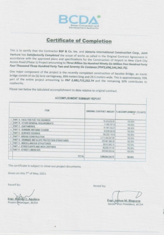 DPWH Certificate of Completion — Sacobia Bridge